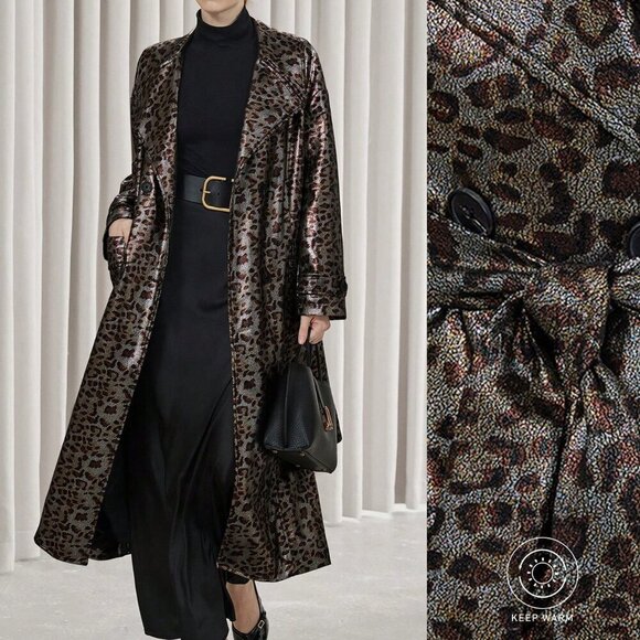 Multicolor Elegant Women's Leopard Print Faux Leather Trench coat / Jacket - Picture 2 of 8